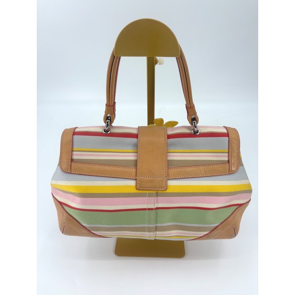 Coach Striped Canvas Leather Trim Shoulder Bag Flower Charm - Picture 2 of 10